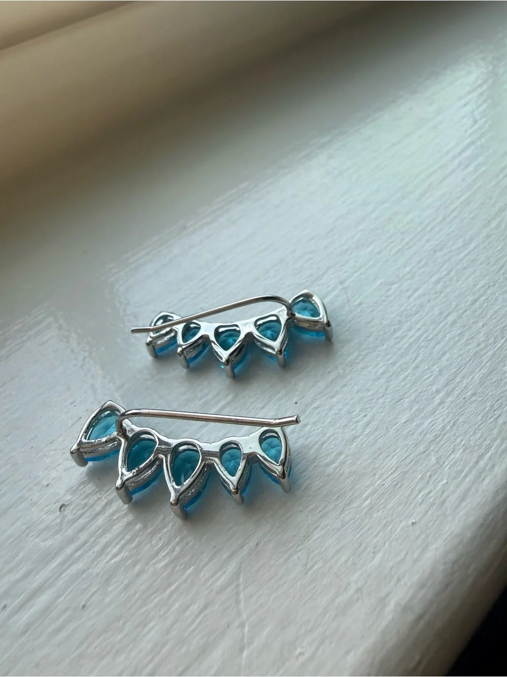 NEW!! 14k White Gold Plated Blue Teardrop Crystal Ear Climbers/Crawlers